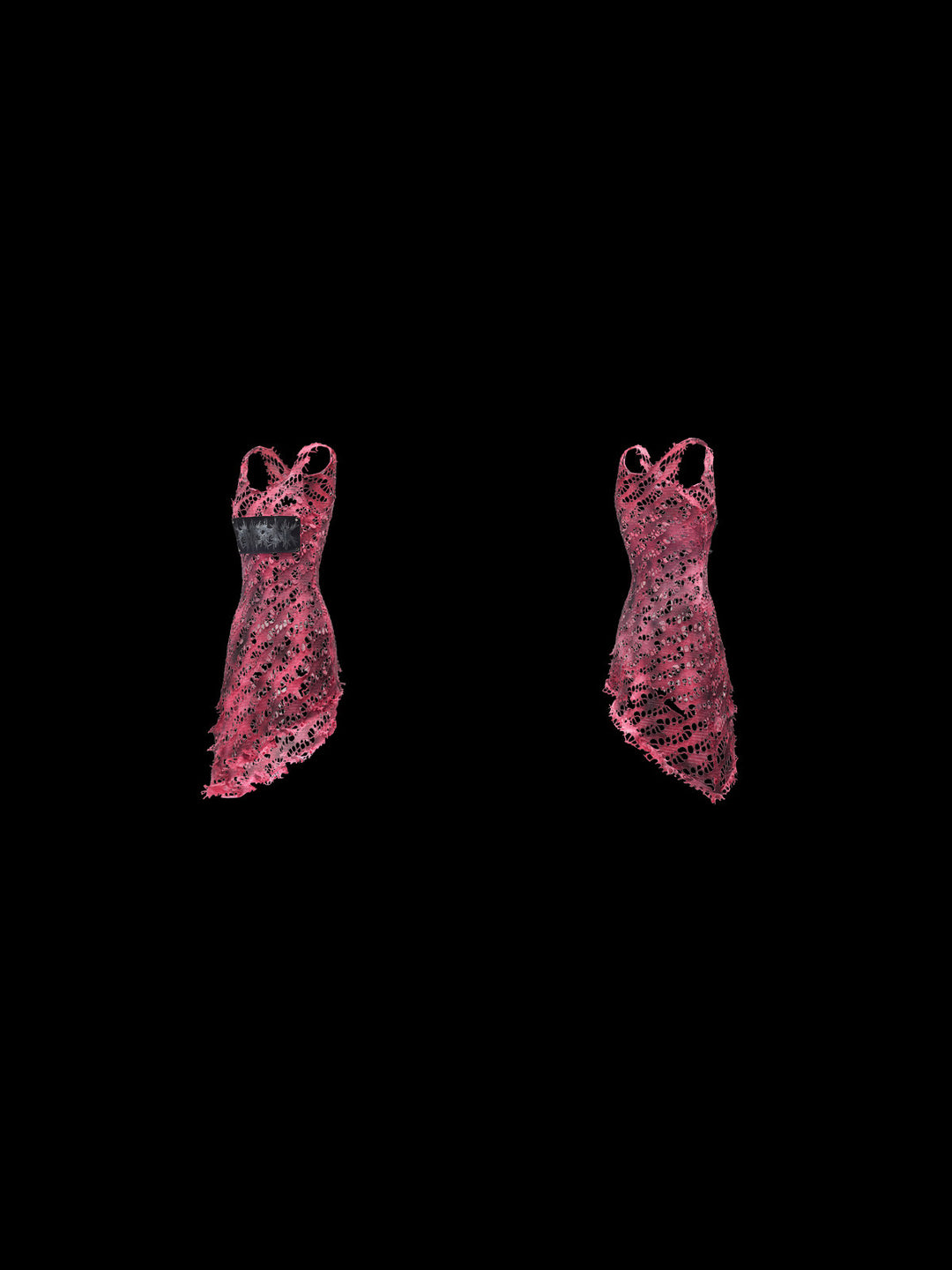 PINKSPINK AFTERGLOW distressed open-knit asymmetric dress in hot pink — garment-only front and back comparison on a clean black background
