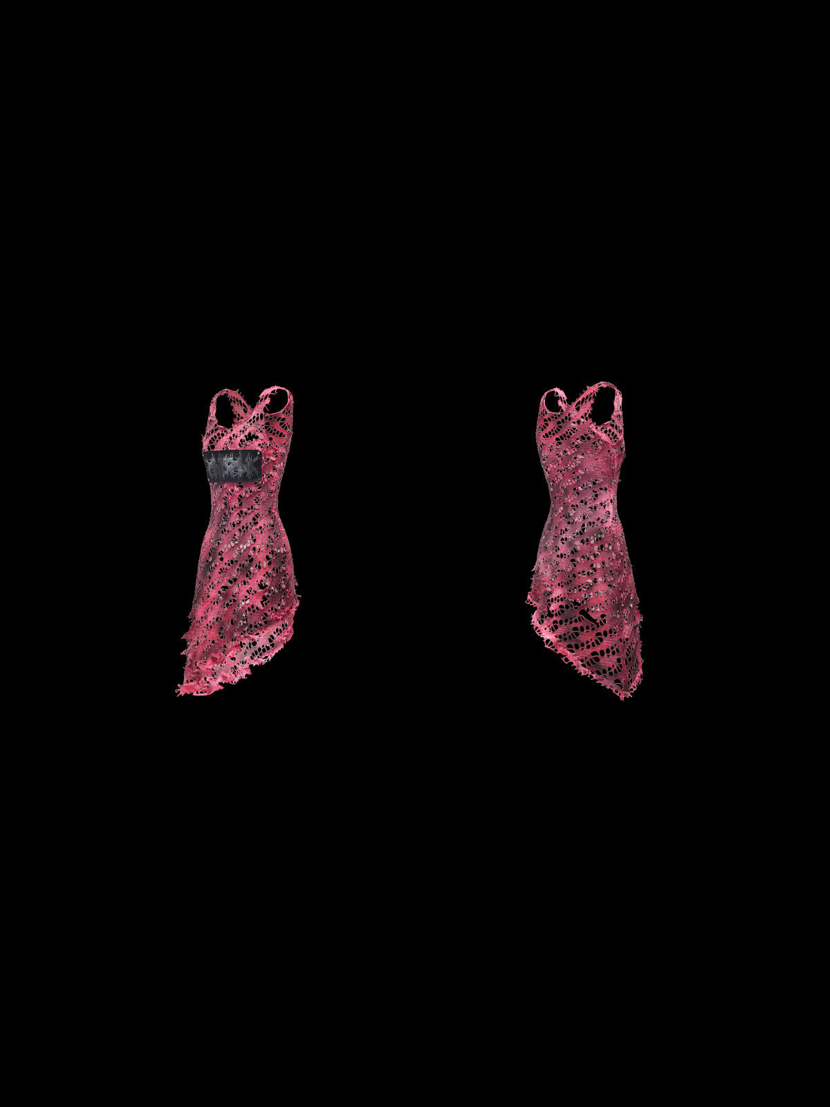 PINKSPINK AFTERGLOW distressed open-knit asymmetric dress in hot pink — garment-only front and back comparison on a clean black background