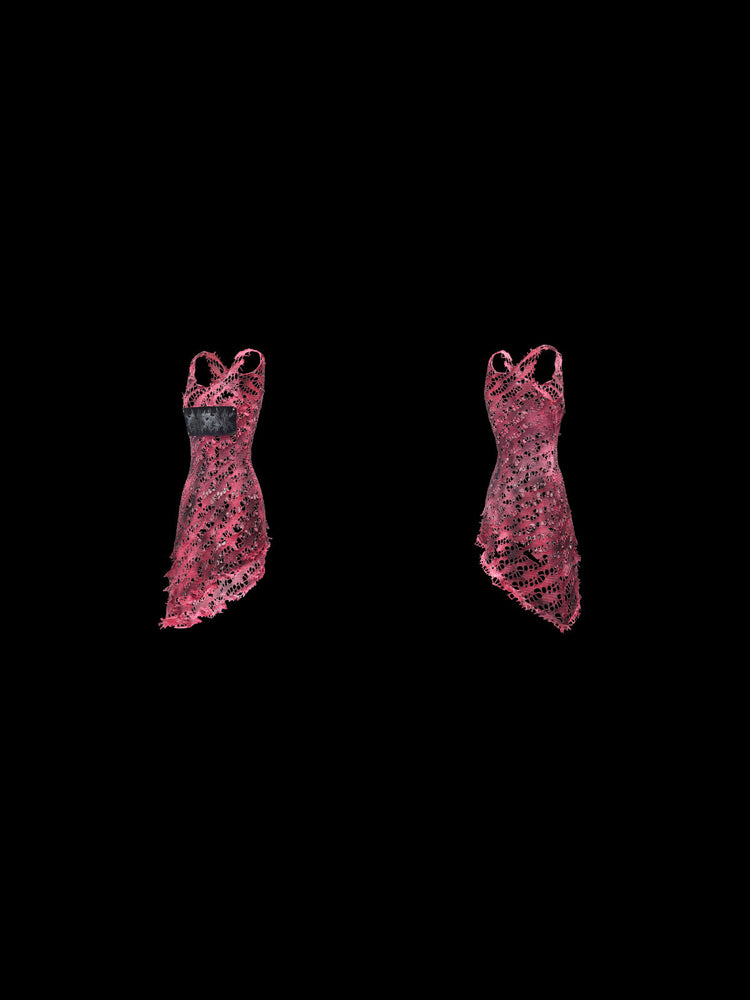 PINKSPINK AFTERGLOW distressed open-knit asymmetric dress in hot pink — garment-only front and back comparison on a clean black background