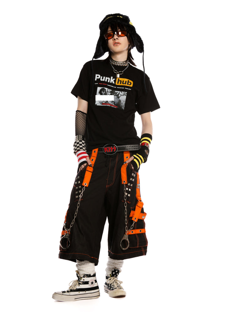 DeadEndKids PunkHub black graphic T-shirt — angled full-length front view