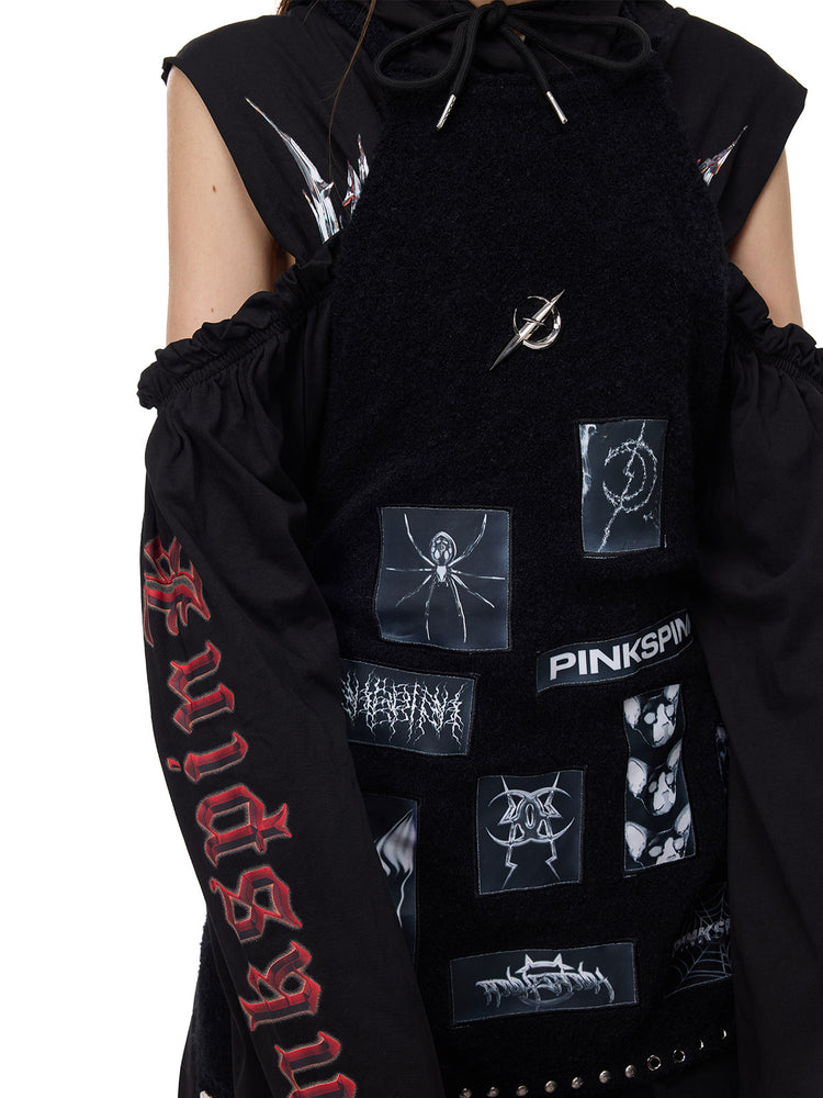 PINKSPINK ELECTRIC MOON patchwork knit layering apron — black patchwork and neckline detail