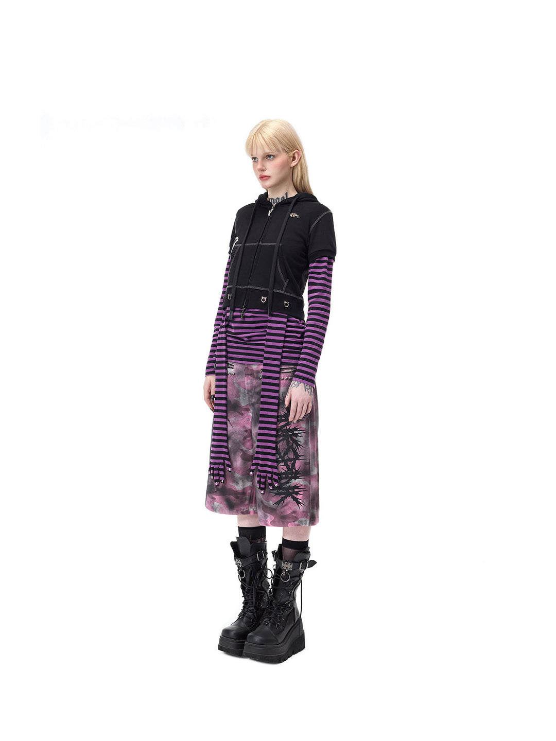 PINKSPINK GHOSTHAND striped glove-sleeve tee in purple and black — full-length side outfit with a separate cropped black hoodie