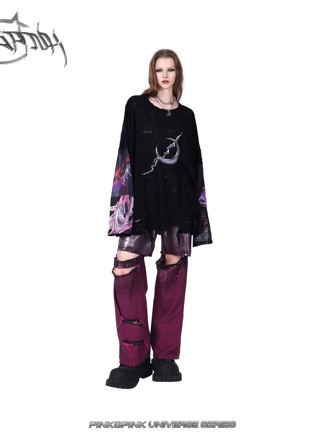 PINKSPINK ELECTRIC MOON silver-coated convertible jeans in burgundy silver — angled front modeled view with a black top