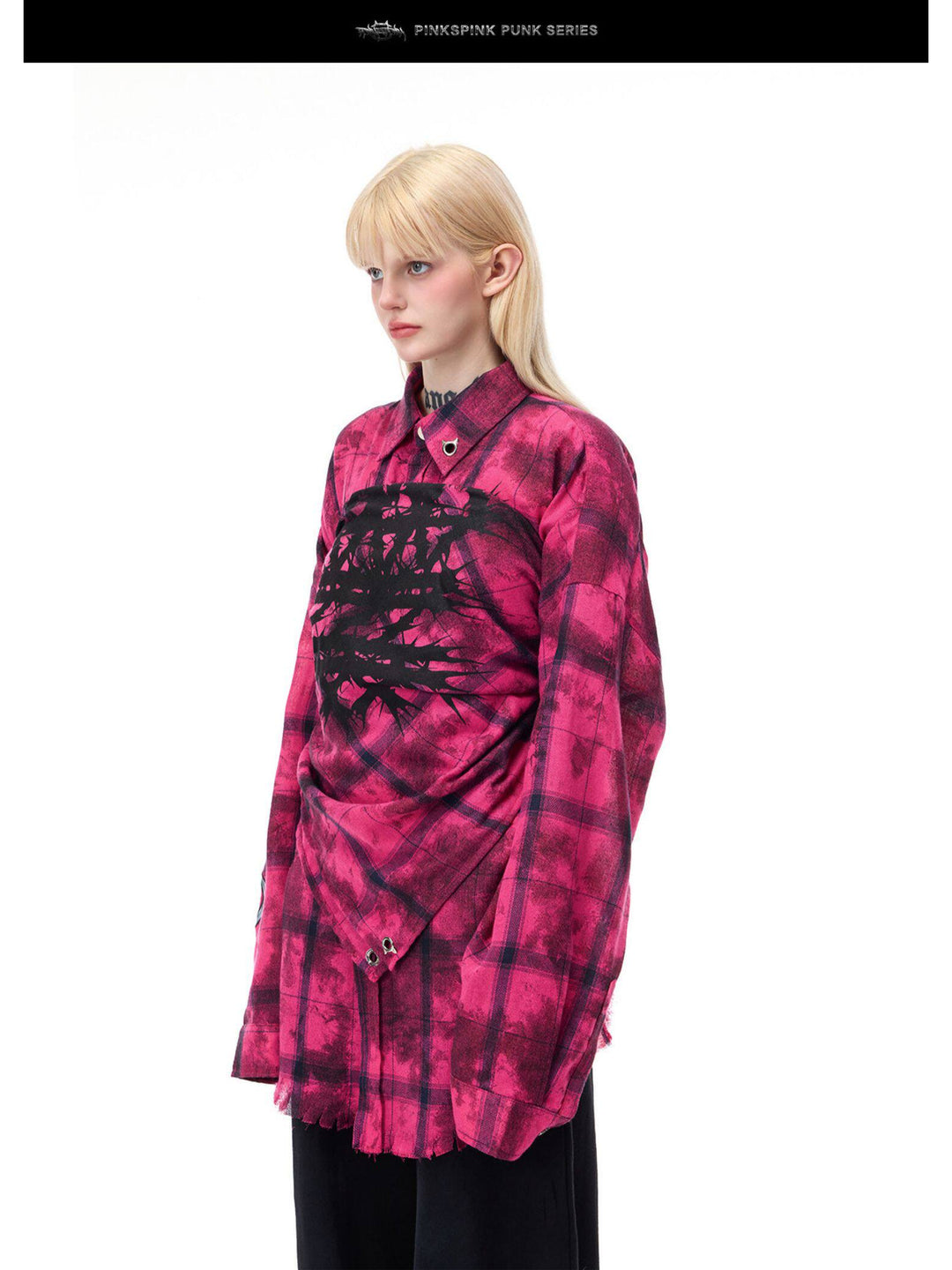 PINKSPINK ELECTRIC MOON distressed oversized plaid shirt in pink and black plaid — close angled modeled view styled with a matching scarf