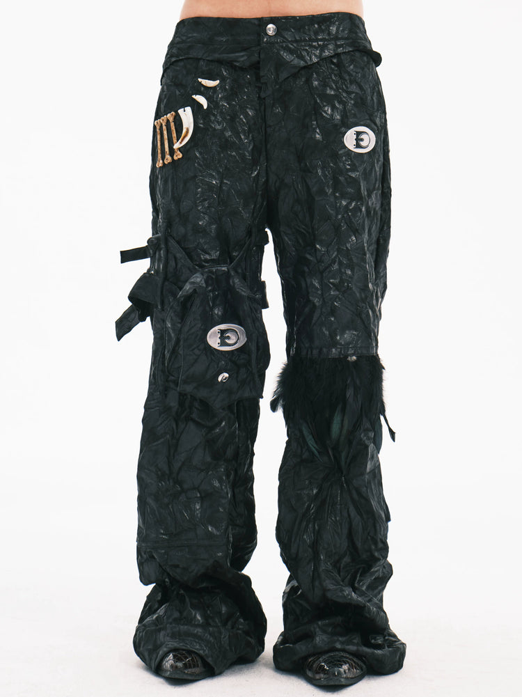 EMBRYO FEATHER LEG detachable-pouch flare pants — front product presentation