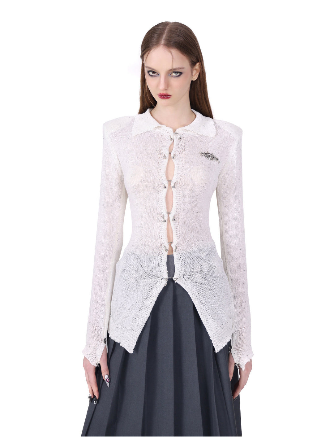 PINKSPINK ELECTRIC MOON ring-fastened sequin knit shirt in white — close front view of the shaped waist, pointed collar and metal fastenings
