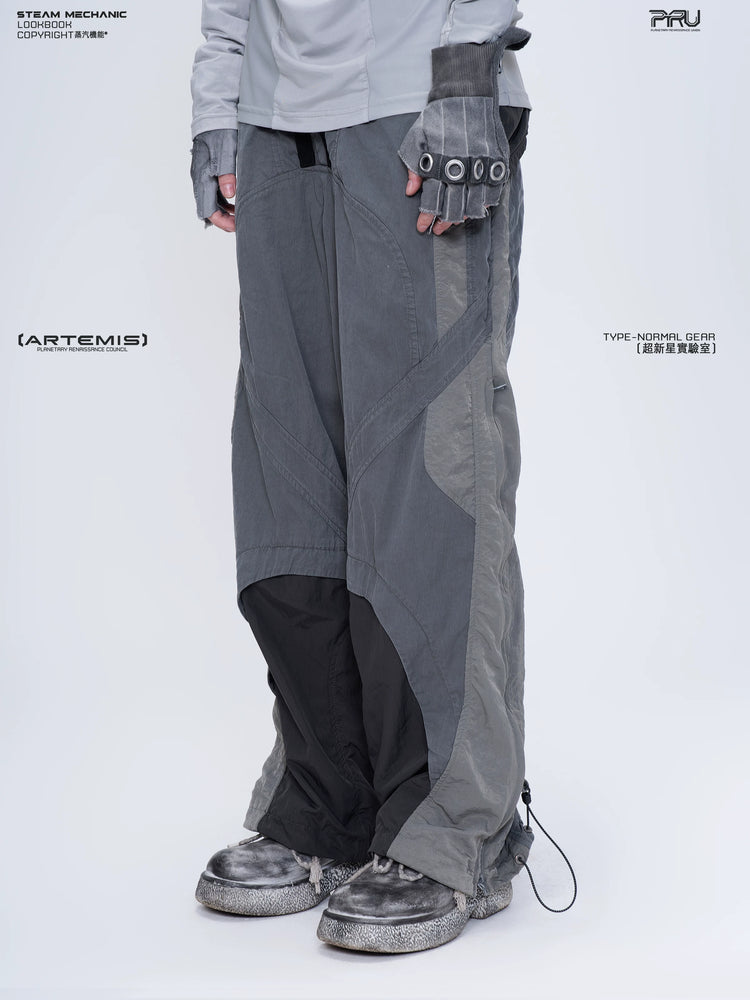 SUPERNOVA alloy gray metallic nylon technical pants — alternate modeled angle