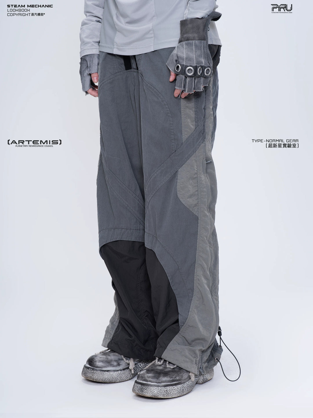 SUPERNOVA alloy gray metallic nylon technical pants — alternate modeled angle
