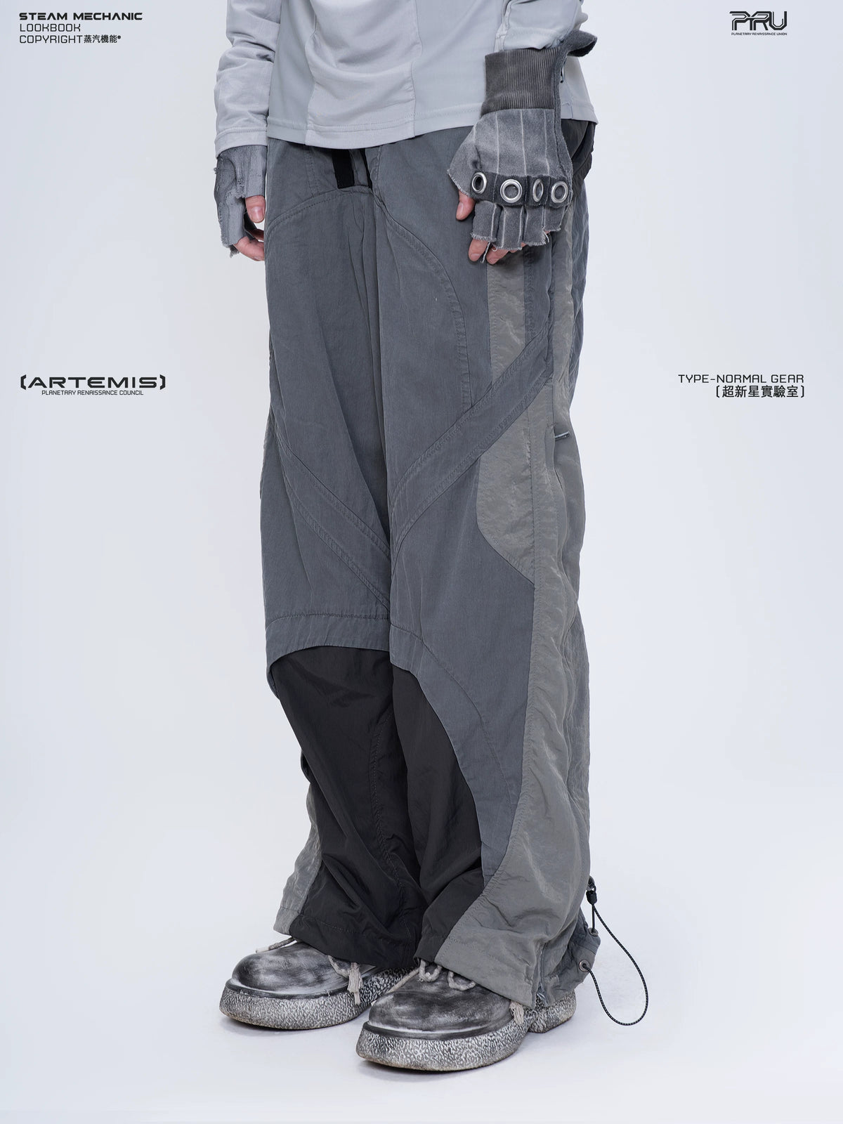 SUPERNOVA alloy gray metallic nylon technical pants — alternate modeled angle