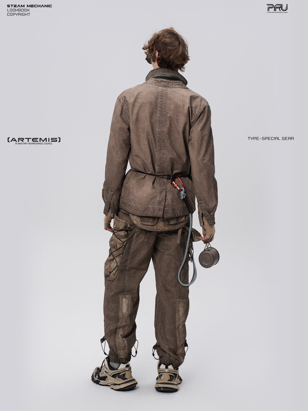 PIONEER gravel brown detachable-waist-bag work pants — full-length rear view showing the laced side pouch