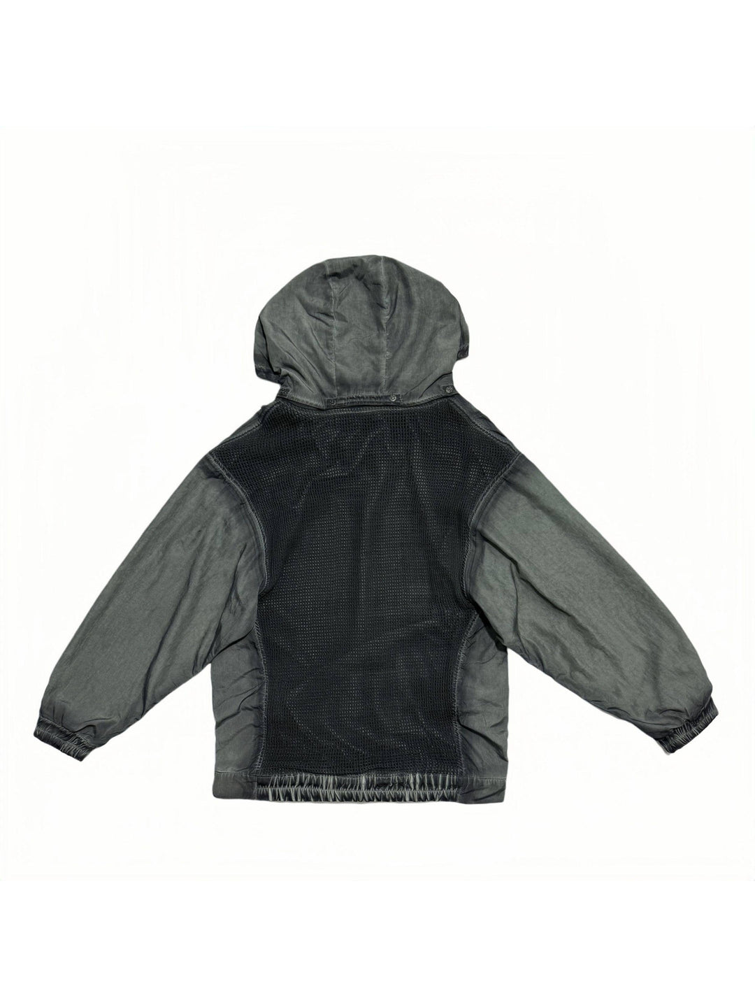 PIONEER detachable-hood mesh hoodie in moon shadow blue — back flat-lay showing the large black mesh panel and detachable hood