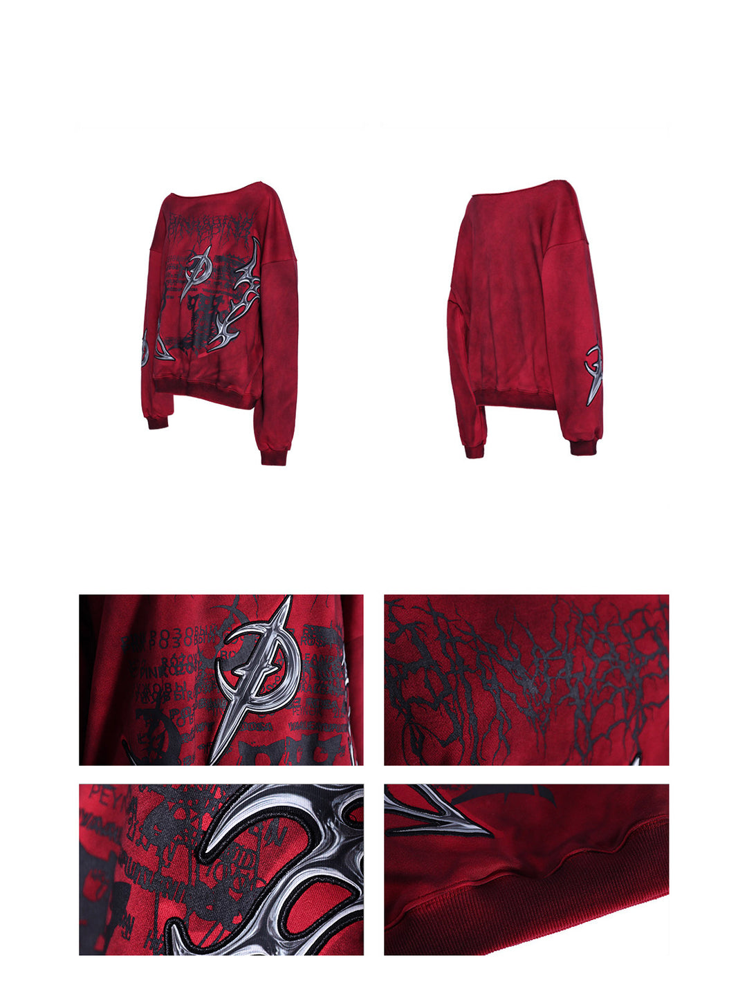 PINKSPINK ELECTRIC MOON off-shoulder sweatshirt in RED — garment front and back with embroidery, print and ribbed-hem details.