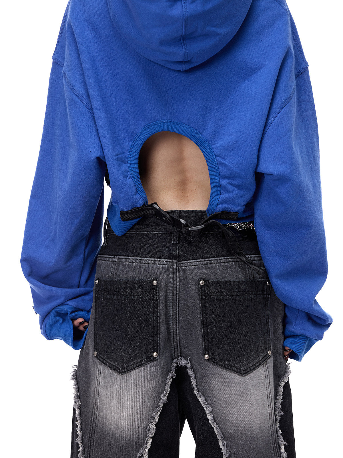 PINKSPINK THORN SIGNAL open-back cropped hoodie — Klein blue back cutout and waist tie detail