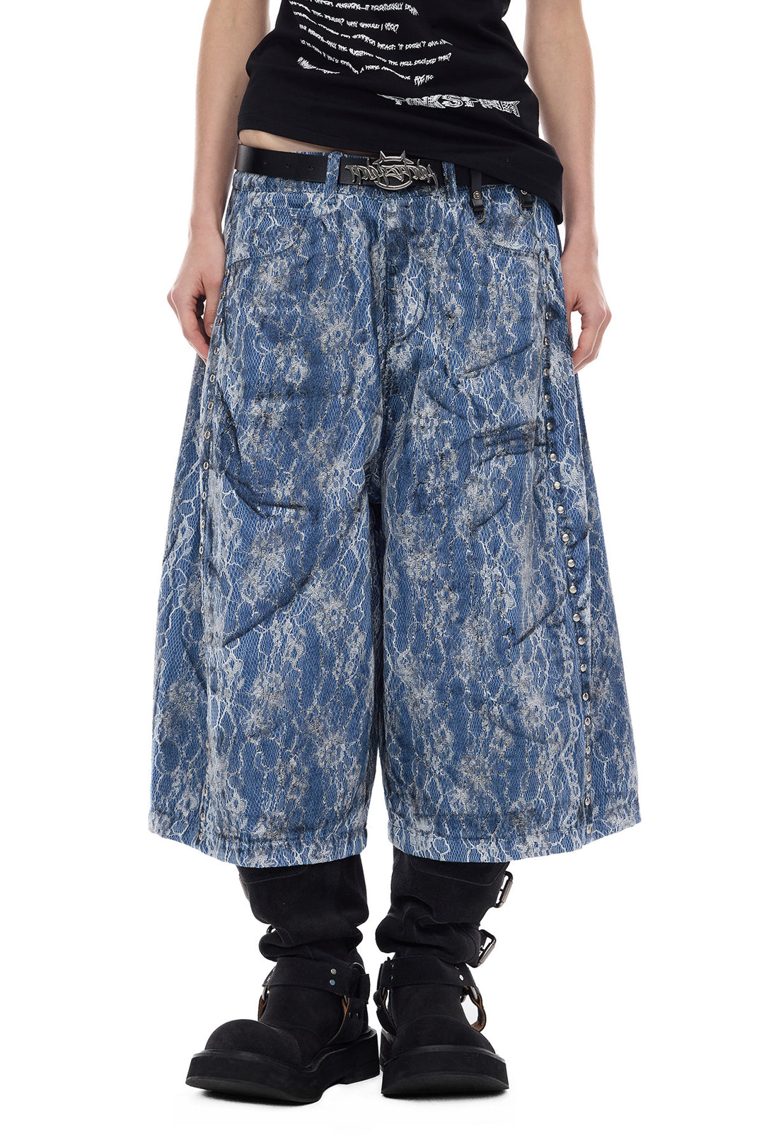 PINKSPINK ELECTRIC MOON lace-coated wide-leg denim shorts in blue — close straight front view showing the lace-like texture and oversized pockets