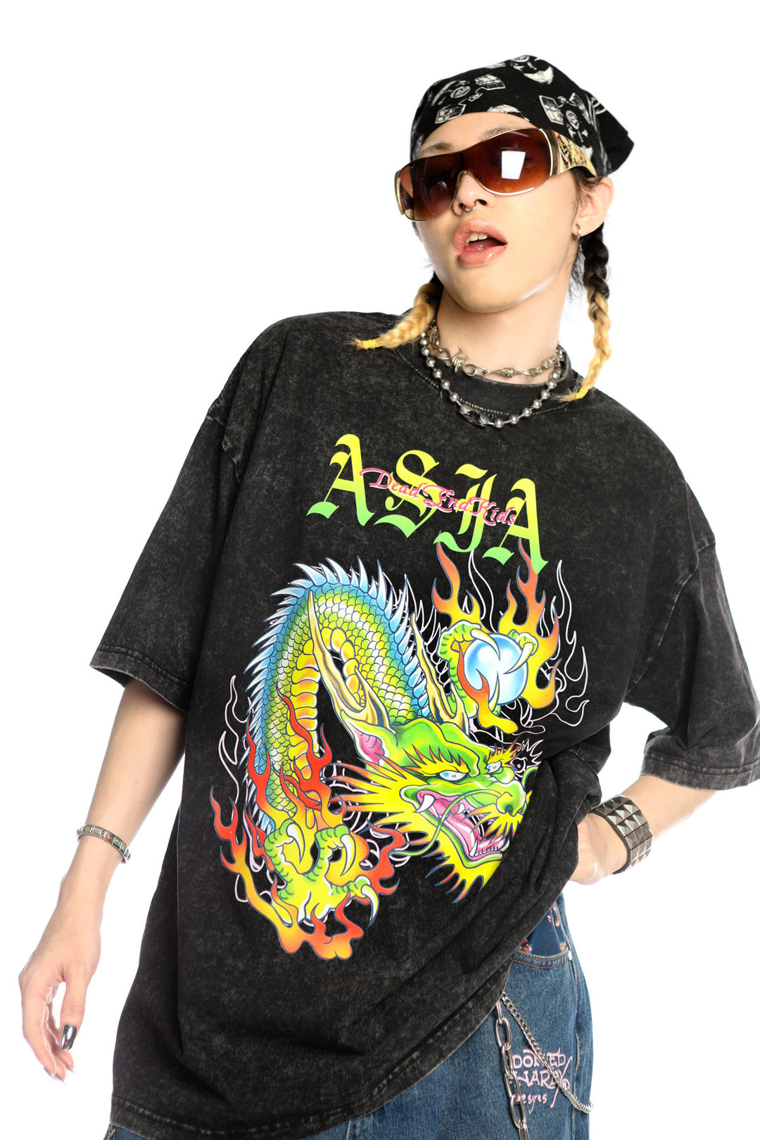 DEADENDKIDS ASIA DRAGON washed graphic tee — full-length modeled view