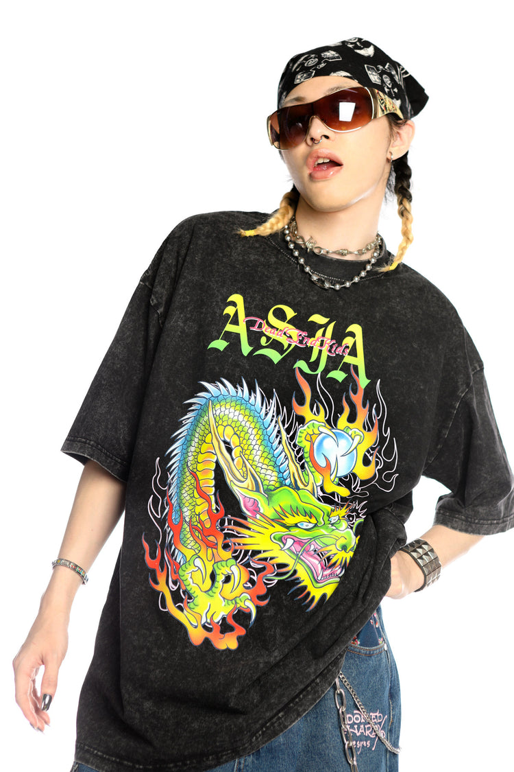 DEADENDKIDS ASIA DRAGON washed graphic tee — full-length modeled view