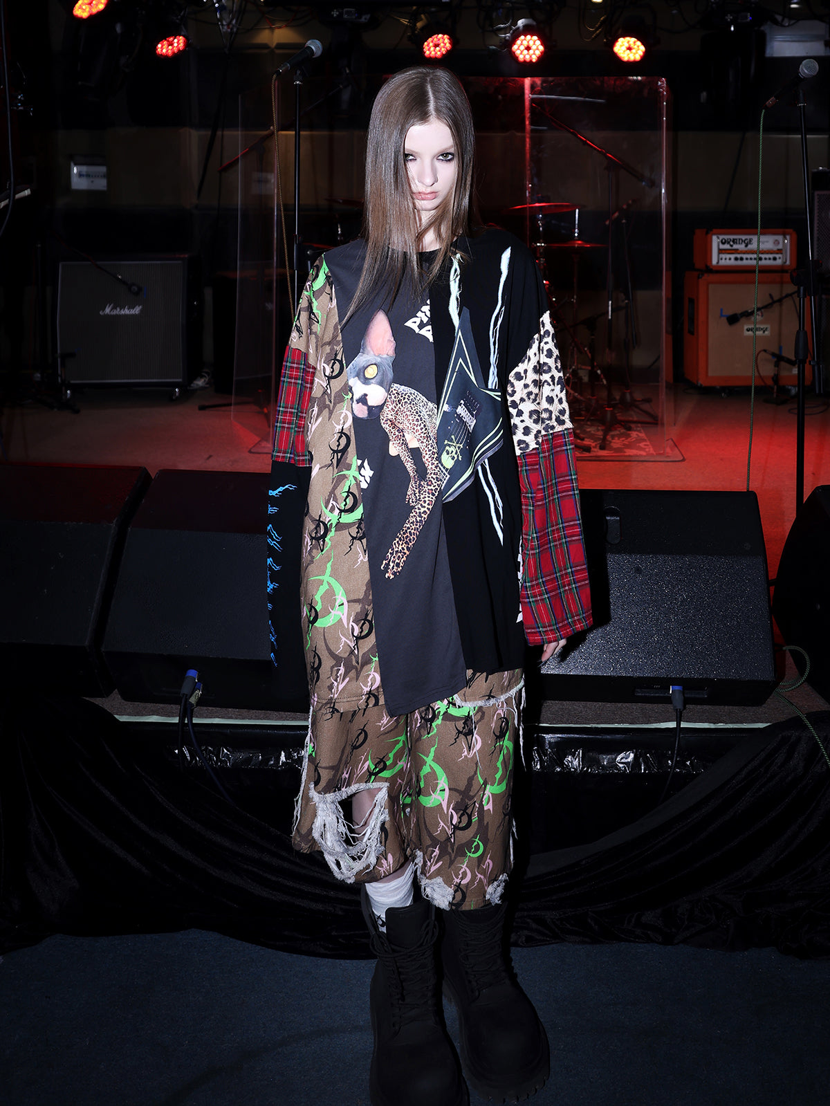 PINKSPINK ELECTRIC MOON distressed camo cropped trousers in CAMOUFLAGE — full front with patchwork top.