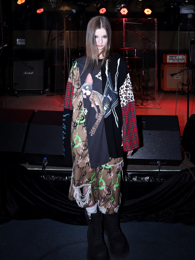 PINKSPINK ELECTRIC MOON distressed camo cropped trousers in CAMOUFLAGE — full front with patchwork top.