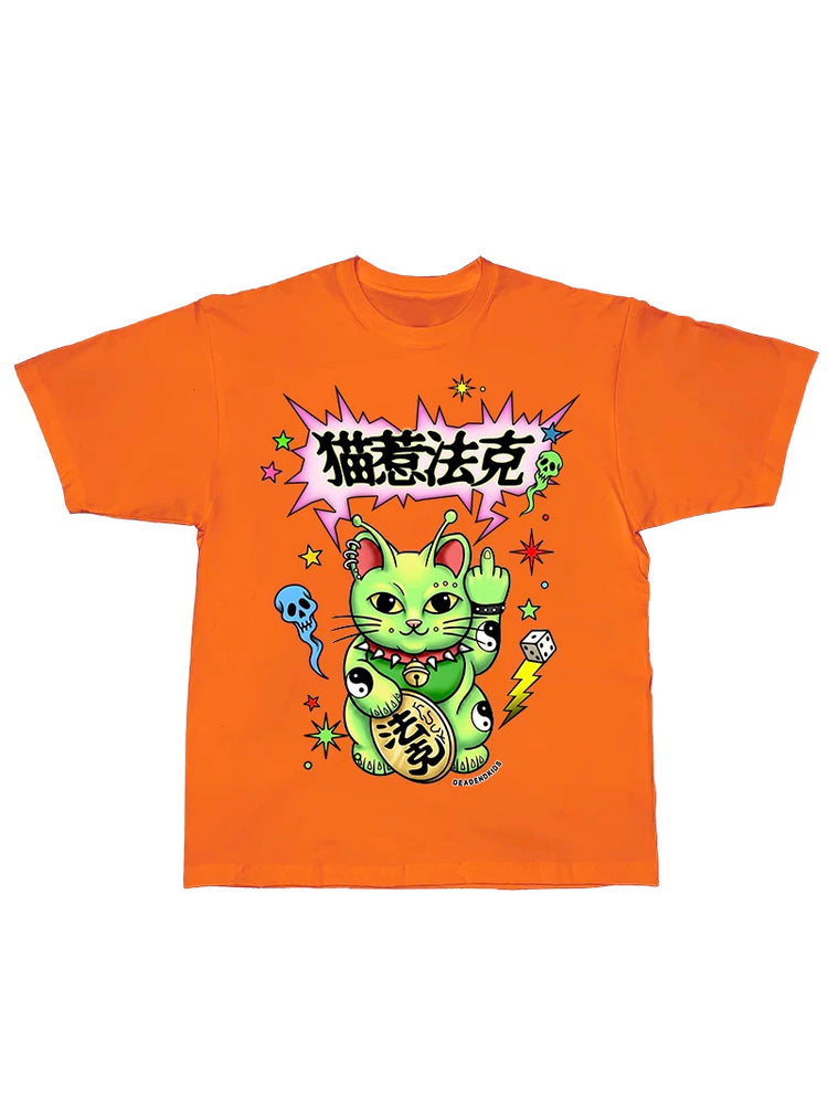 DEADENDKIDS LUCKY ALIEN CAT oversized graphic tee — garment-only view