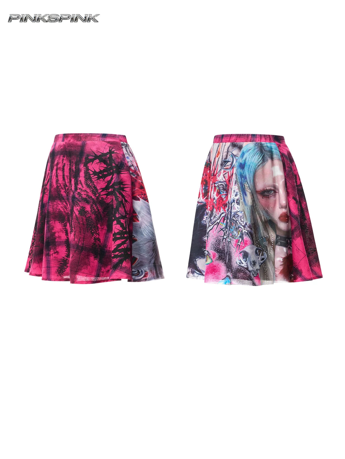 PINKSPINK FUTURE PORTRAIT reversible graphic mini skirt in black and pink — garment-only comparison showing the plaid and portrait panels on a clean white background