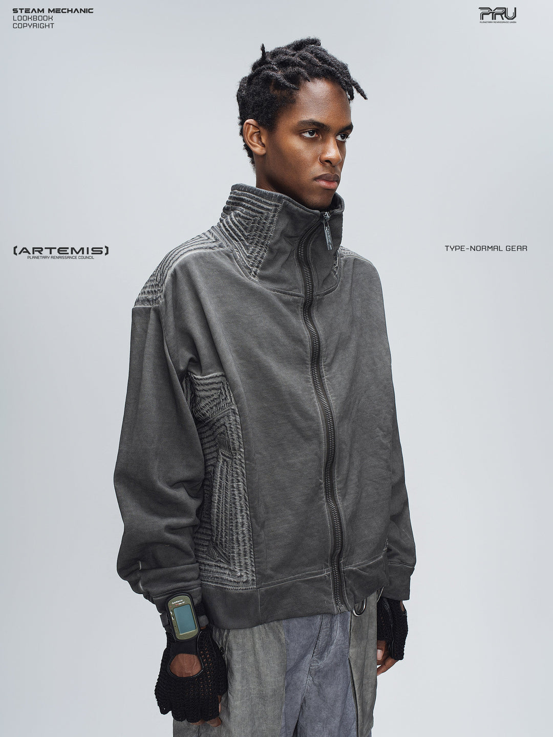 PIONEER moon dust gray distressed protection zip jacket — alternate modeled angle
