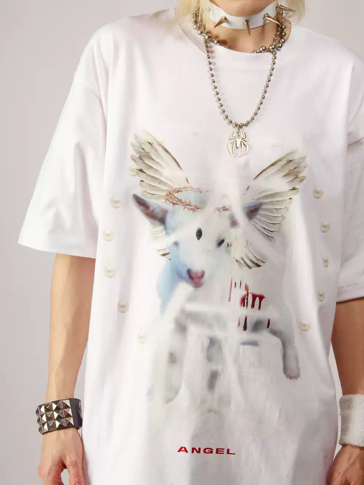 DEADENDKIDS ANGEL DEVIL oversized graphic tee — alternate styled presentation