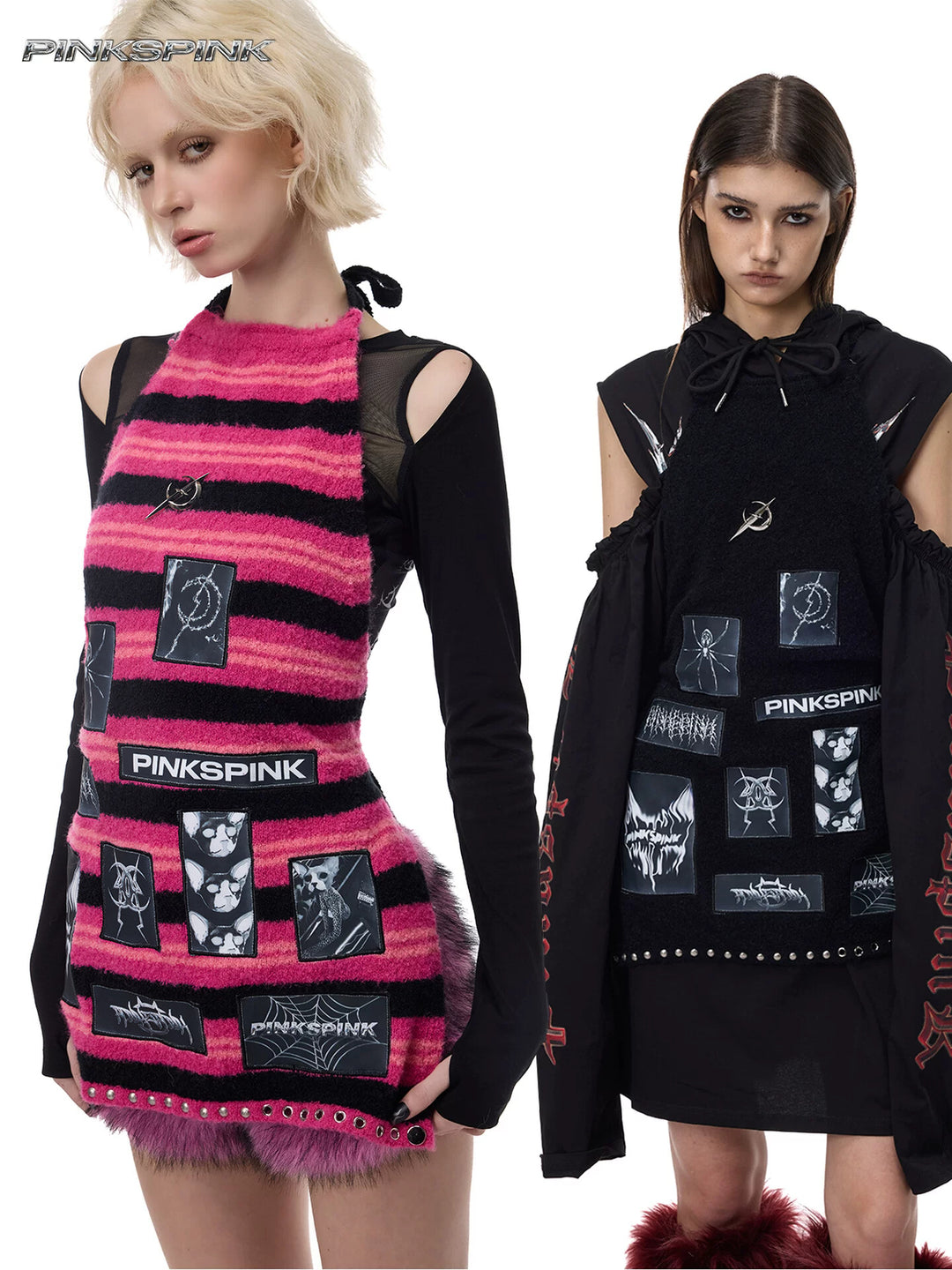 PINKSPINK ELECTRIC MOON patchwork knit layering apron — pink black stripe and black modeled comparison