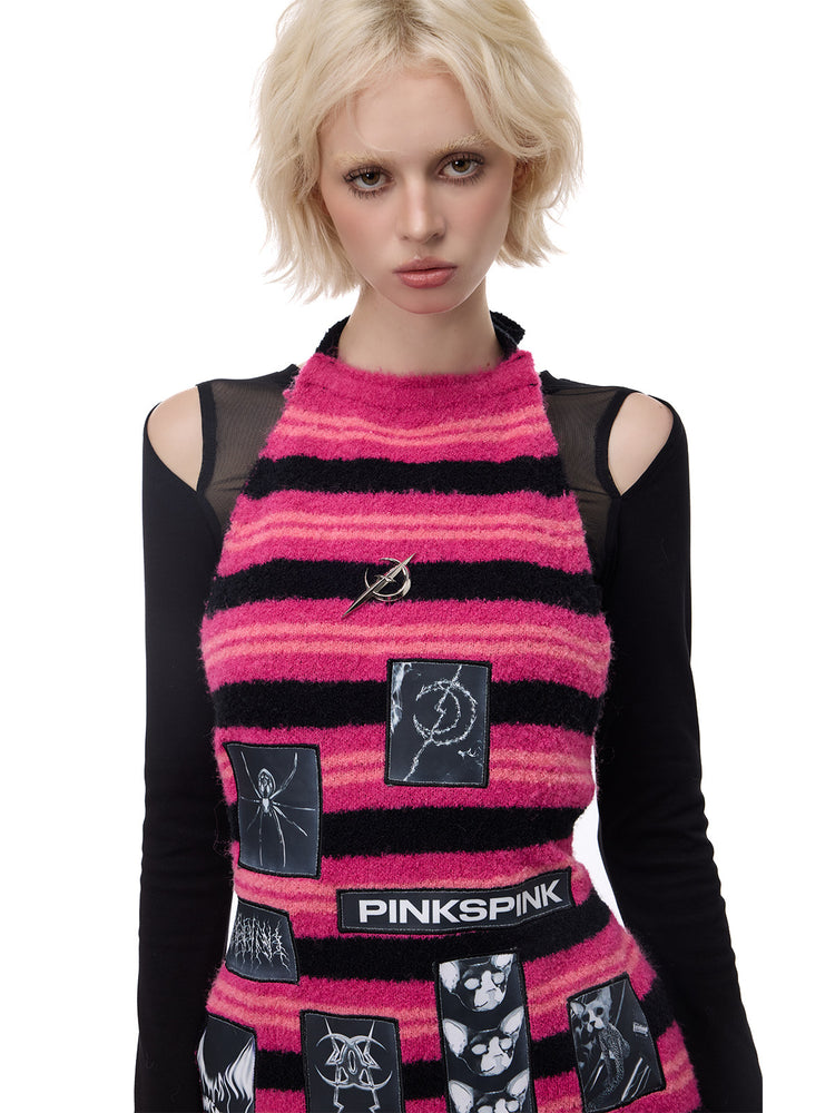 PINKSPINK ELECTRIC MOON patchwork knit layering apron — pink black stripe close-up of patches and knit