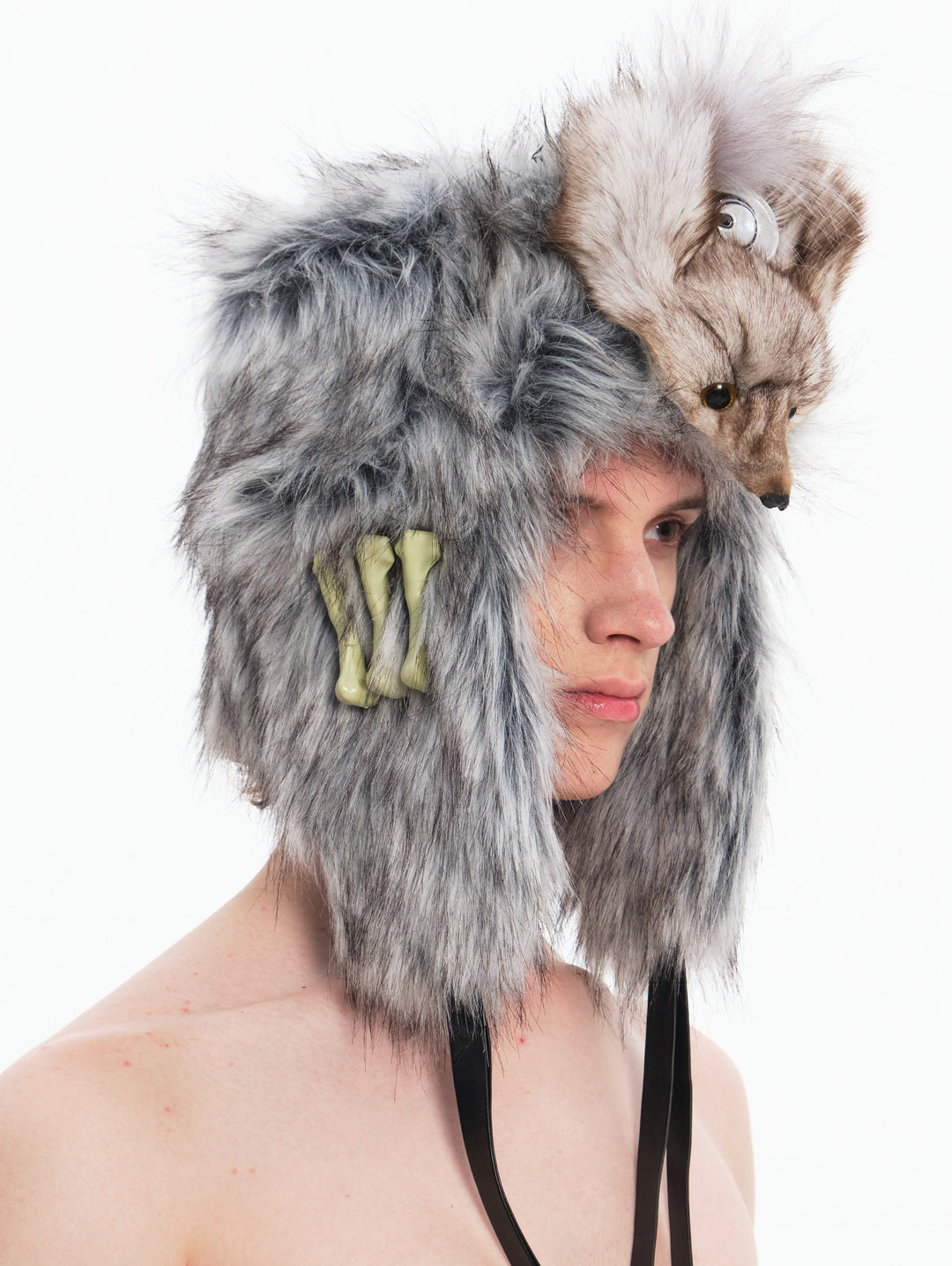 EMBRYO GRAY BEAST bone-detail faux-fur hat — construction detail