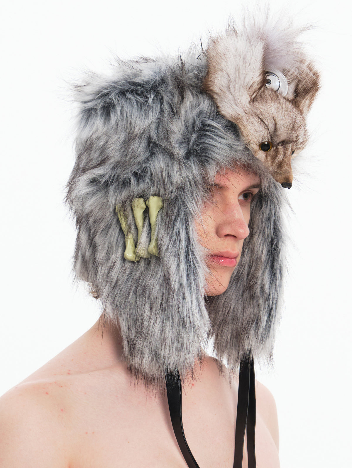 EMBRYO GRAY BEAST bone-detail faux-fur hat — construction detail