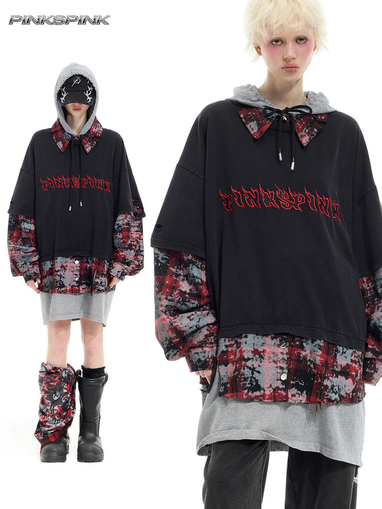 PINKSPINK REMAKE triple-layer plaid hoodie — black and red plaid hoodie — modeled front collage with hood up and down