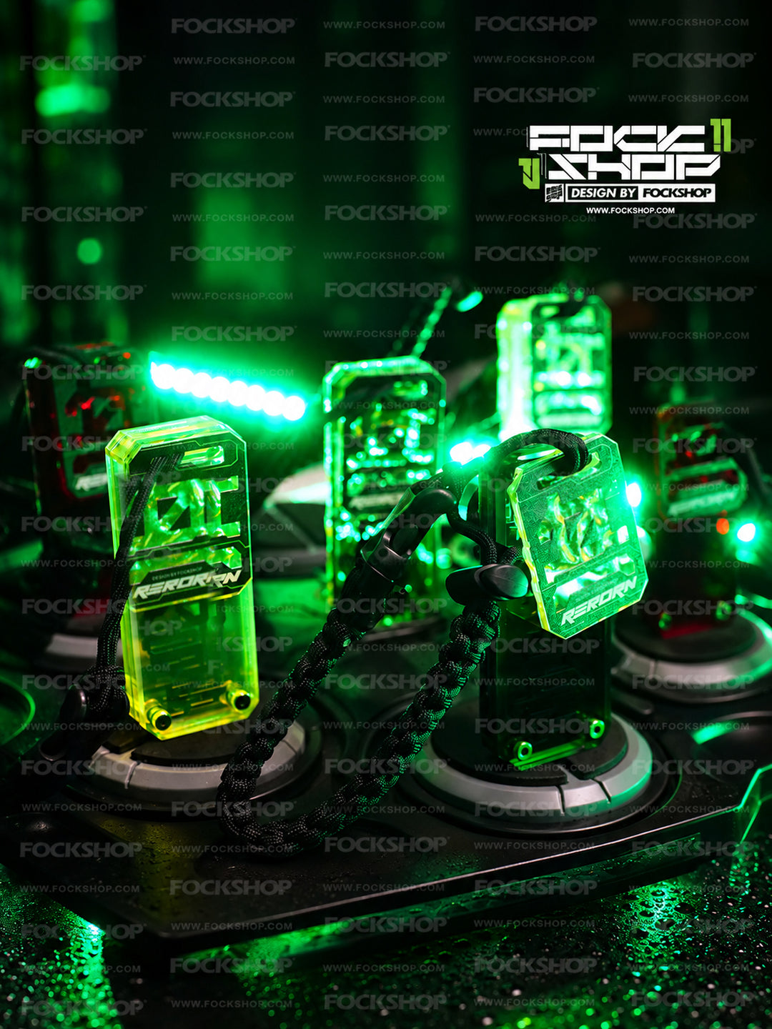 FOCKSHOP REBORN talisman charm — green studio group with translucent plaques and braided cords
