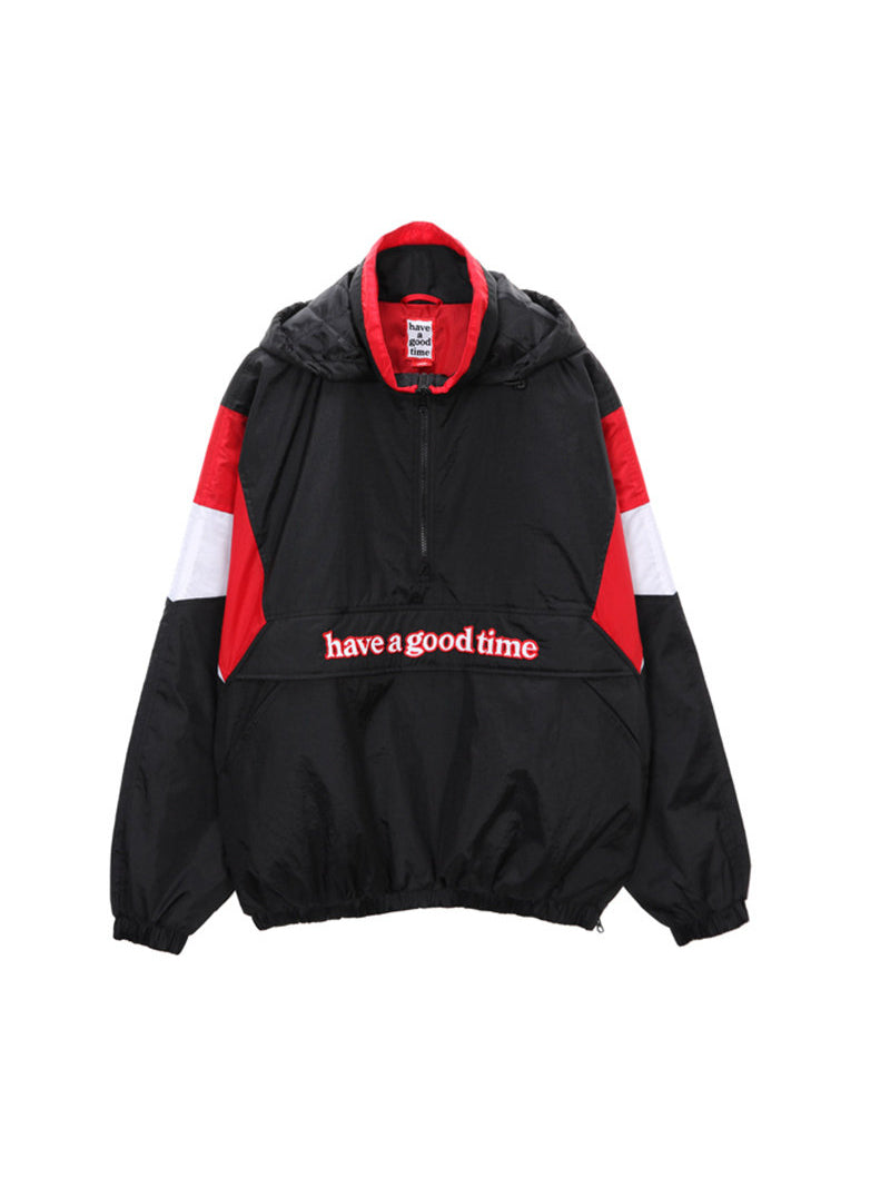 HAVE A GOOD TIME ANORAK black padded pullover jacket, front studio view with red-and-white sleeve panels and embroidered pocket logo
