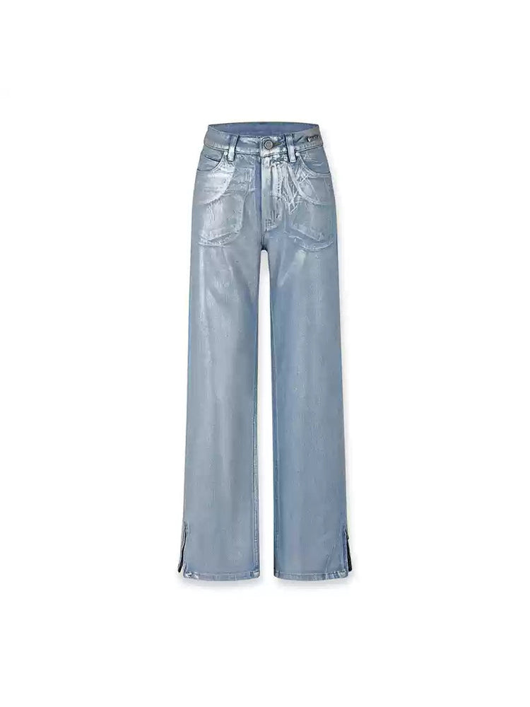 NAWS wax-coated zip-hem jeans in GLACIER LAKE BLUE — front garment-only view showing the metallic coating and hem zippers.
