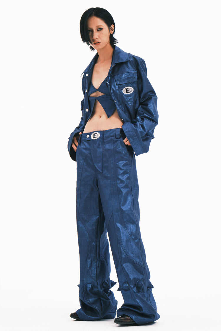EMBRYO BLUE SPIKE metallic flare pants — additional product detail view
