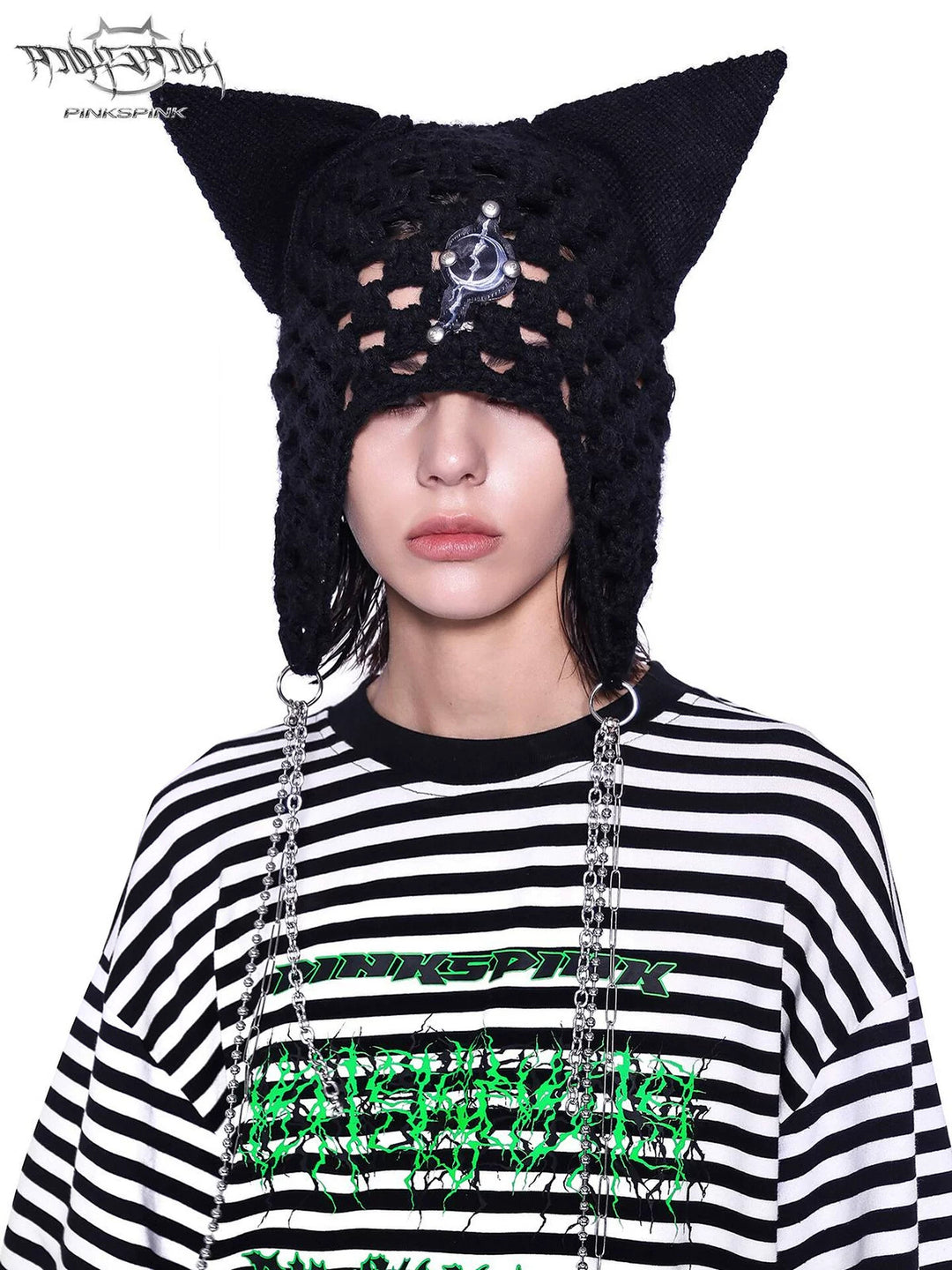 PINKSPINK ELECTRIC MOON chain cat-ear open-knit beanie — cleaned hero collage showing the complete design