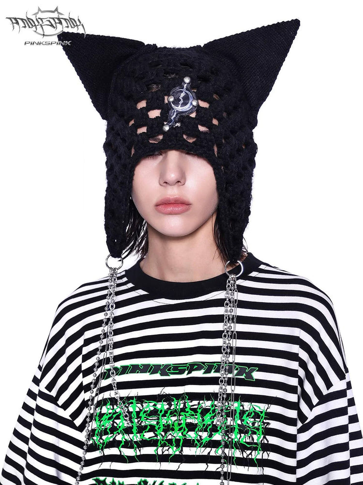 PINKSPINK ELECTRIC MOON chain cat-ear open-knit beanie — cleaned hero collage showing the complete design
