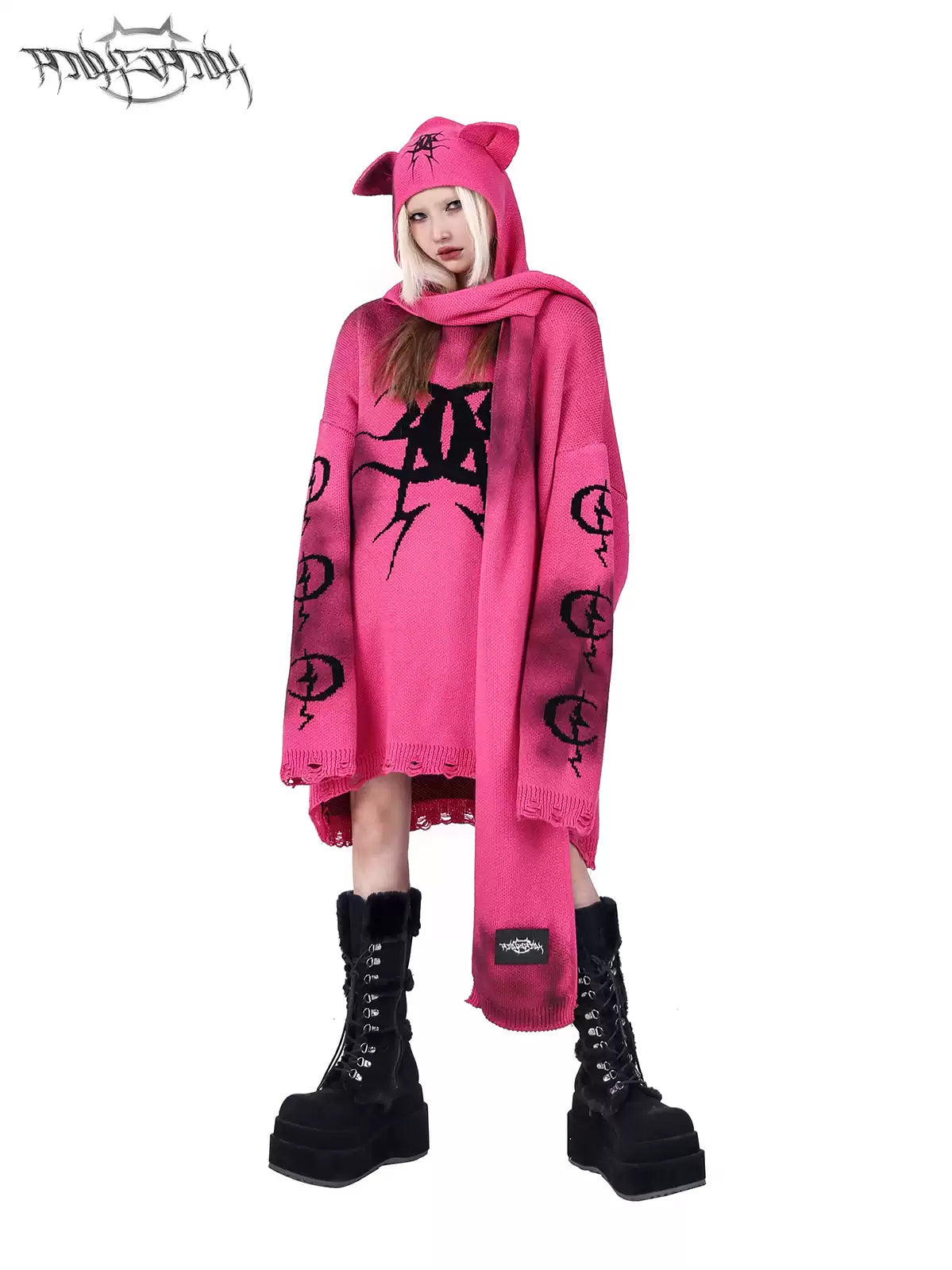 PINKSPINK ELECTRIC MOON graffiti color-block sweater — modeled front styling view