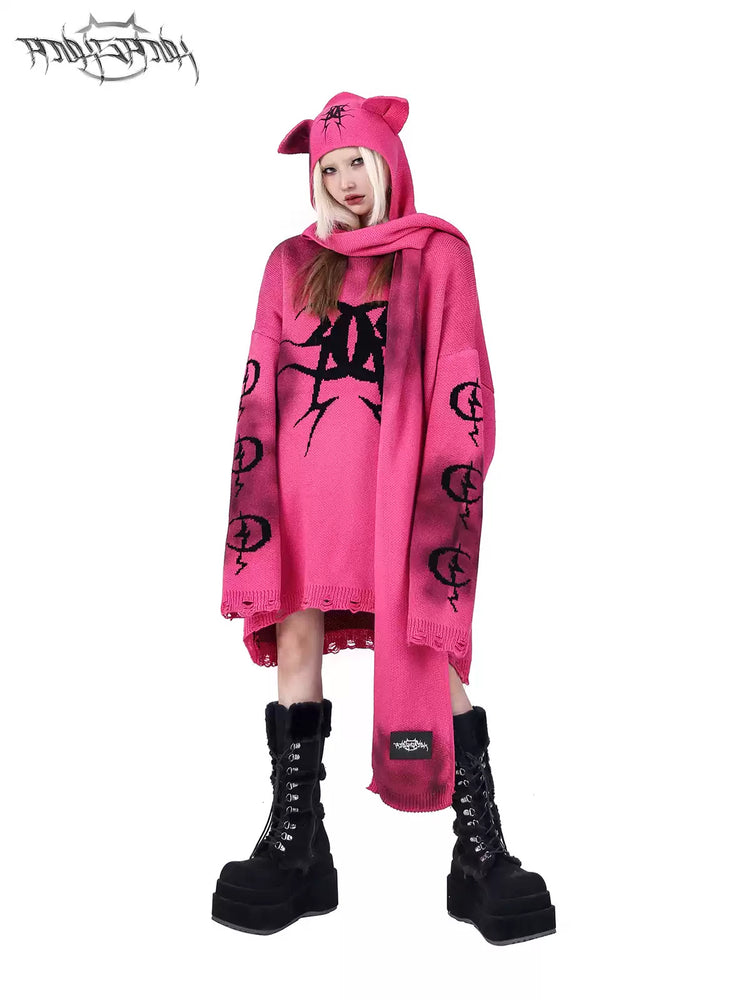 PINKSPINK ELECTRIC MOON graffiti color-block sweater — modeled front styling view