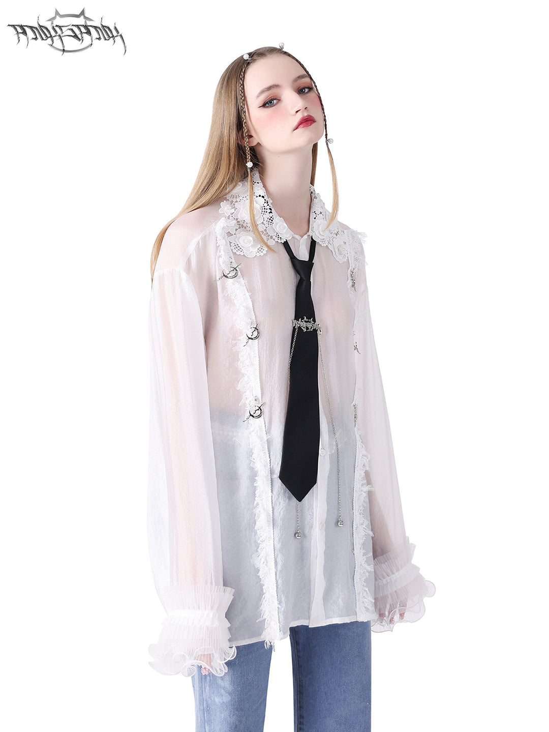 PINKSPINK FAIRY lace-trim sheer blouse — front modeled close-up with head tilted