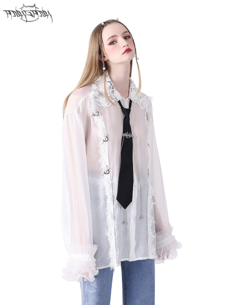 PINKSPINK FAIRY lace-trim sheer blouse — front modeled close-up with head tilted