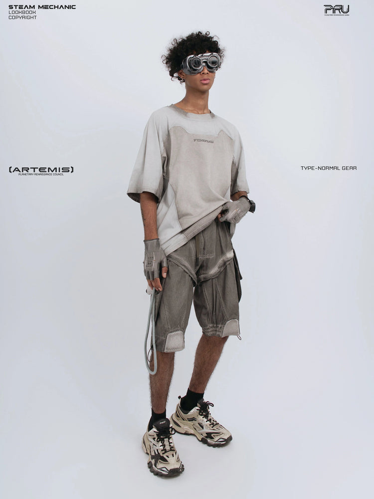 STARCORE moonbeam white velcro mesh tee — front modeled view lifting the hem to show drape