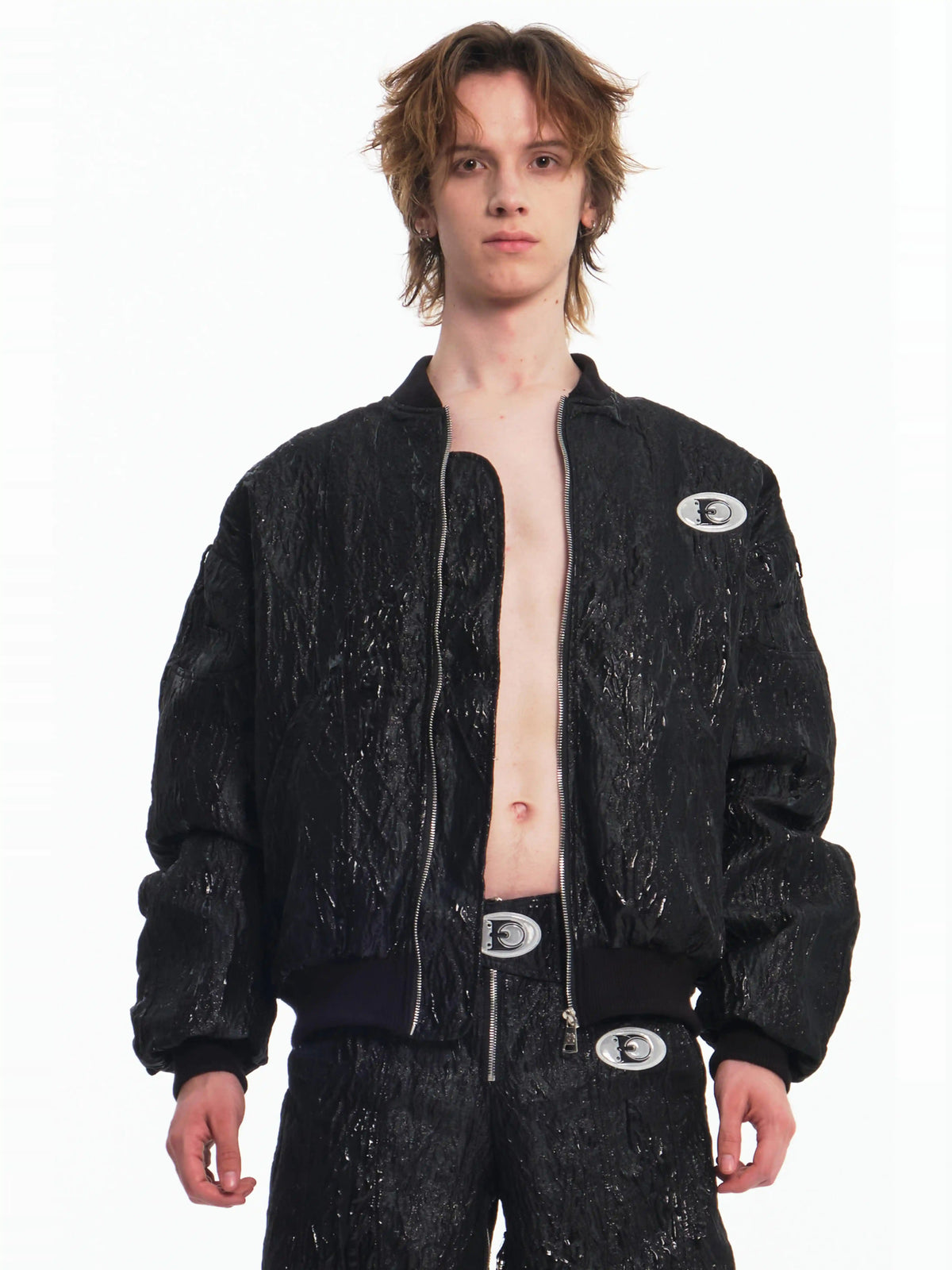 EMBRYO VENOM FLIGHT deconstructed padded jacket — open front modeled view