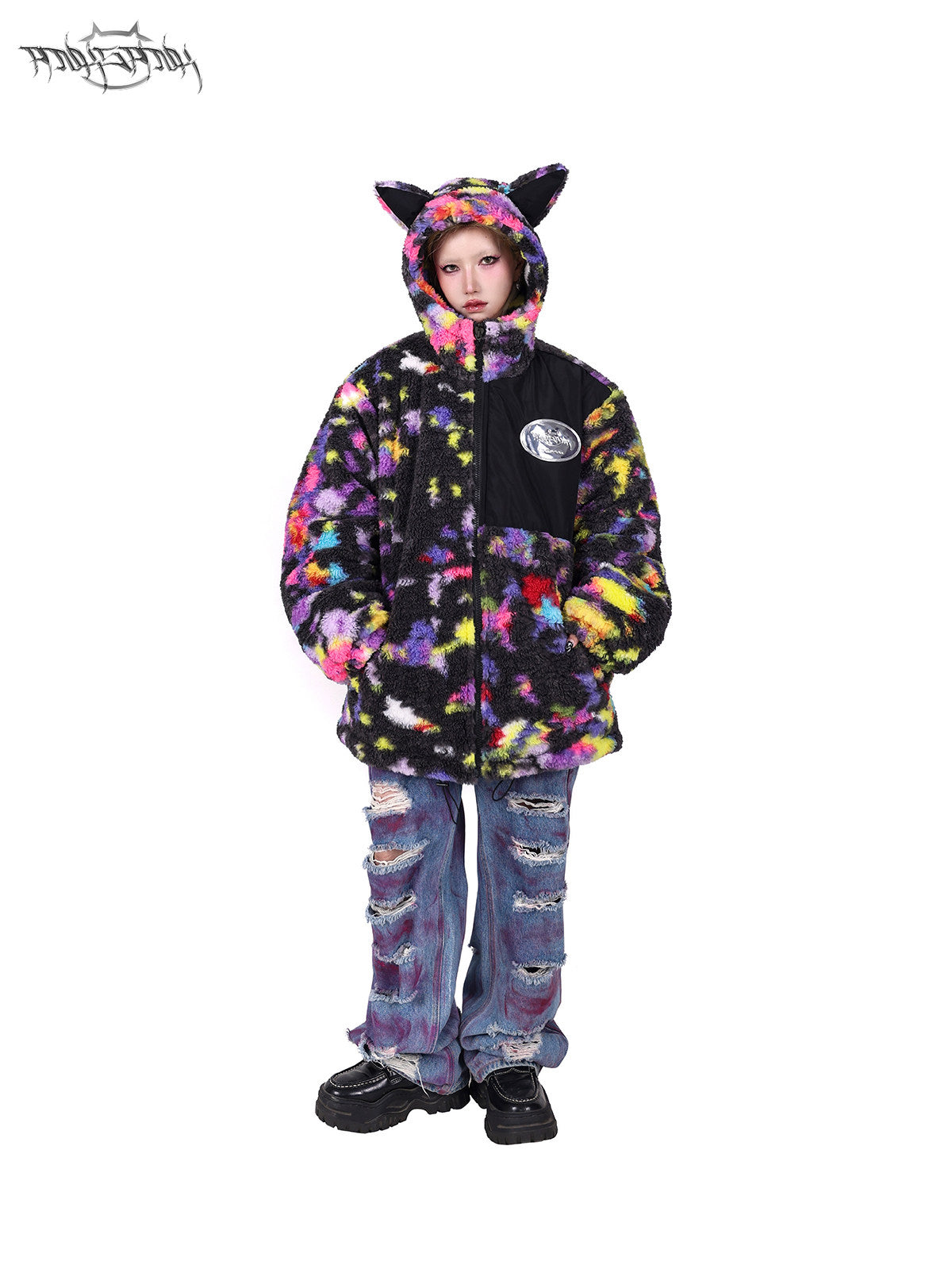 PINKSPINK SPHYNX rainbow cat-ear sherpa jacket — product detail view showing texture and hardware