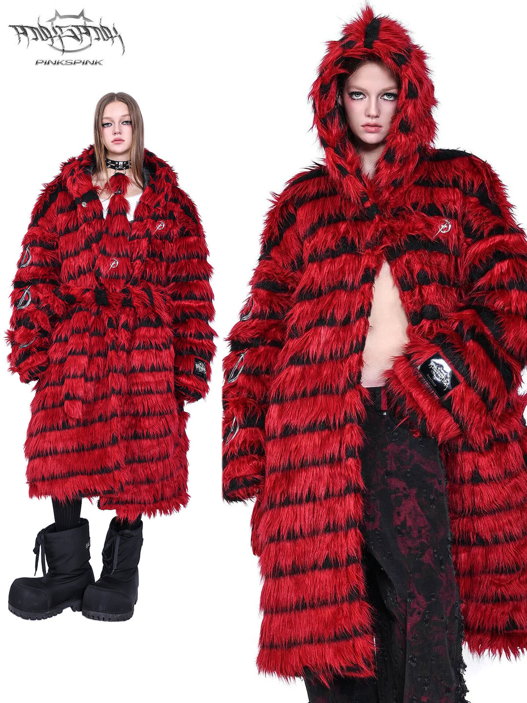 PINKSPINK ELECTRIC MOON black-red faux-fur hooded long coat — red and black modeled hero collage with a full-length front view and hood-up portrait