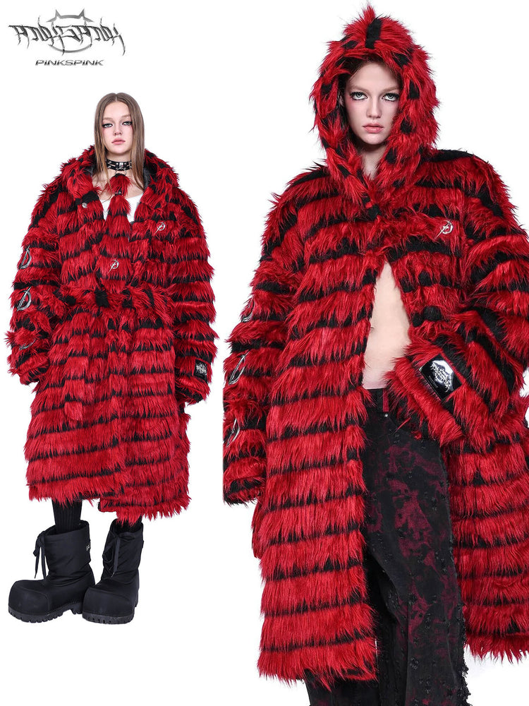 PINKSPINK ELECTRIC MOON black-red faux-fur hooded long coat — red and black modeled hero collage with a full-length front view and hood-up portrait
