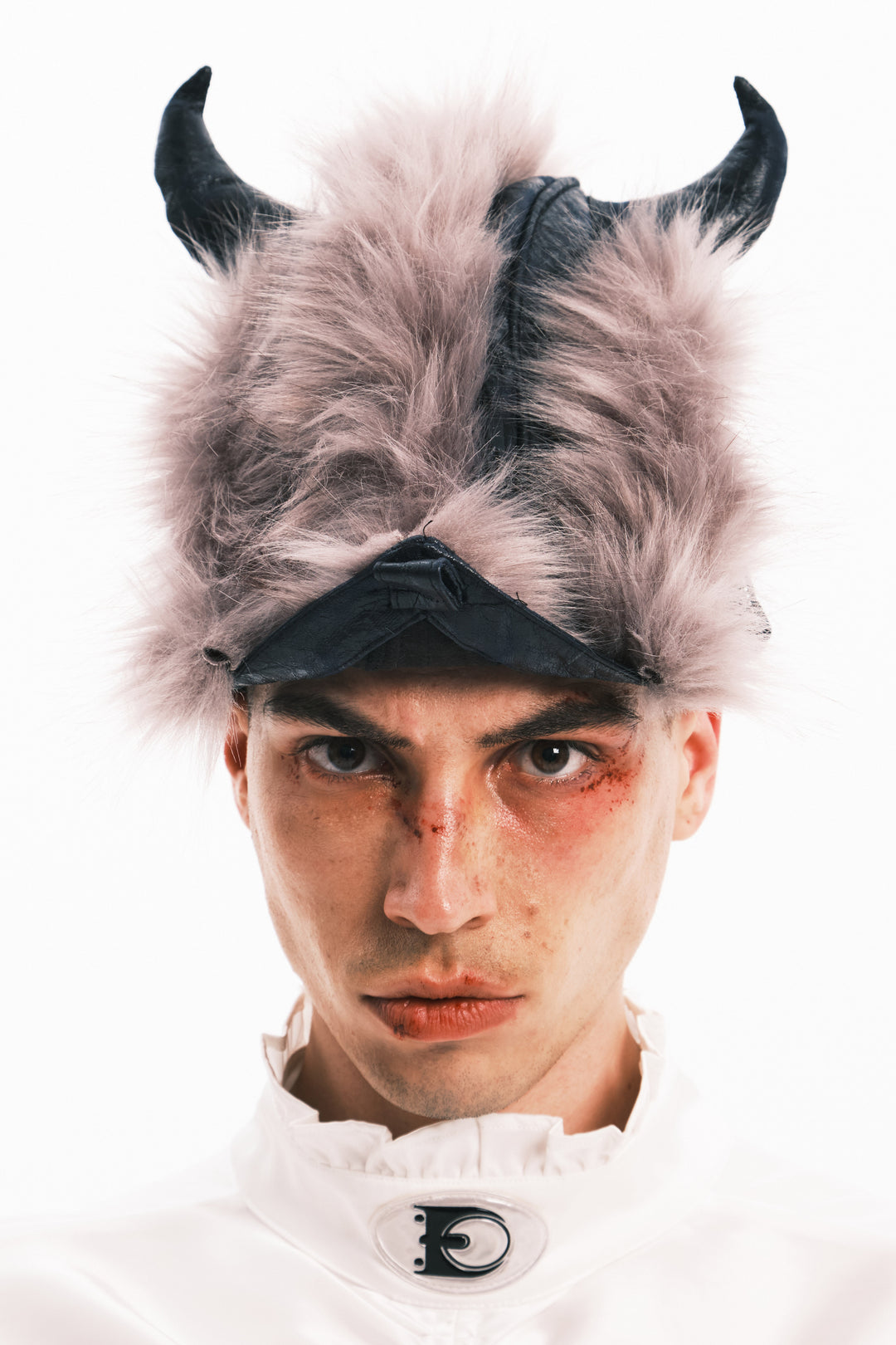 EMBRYO HORNFORM faux-fur hat & bag — rear modeled view
