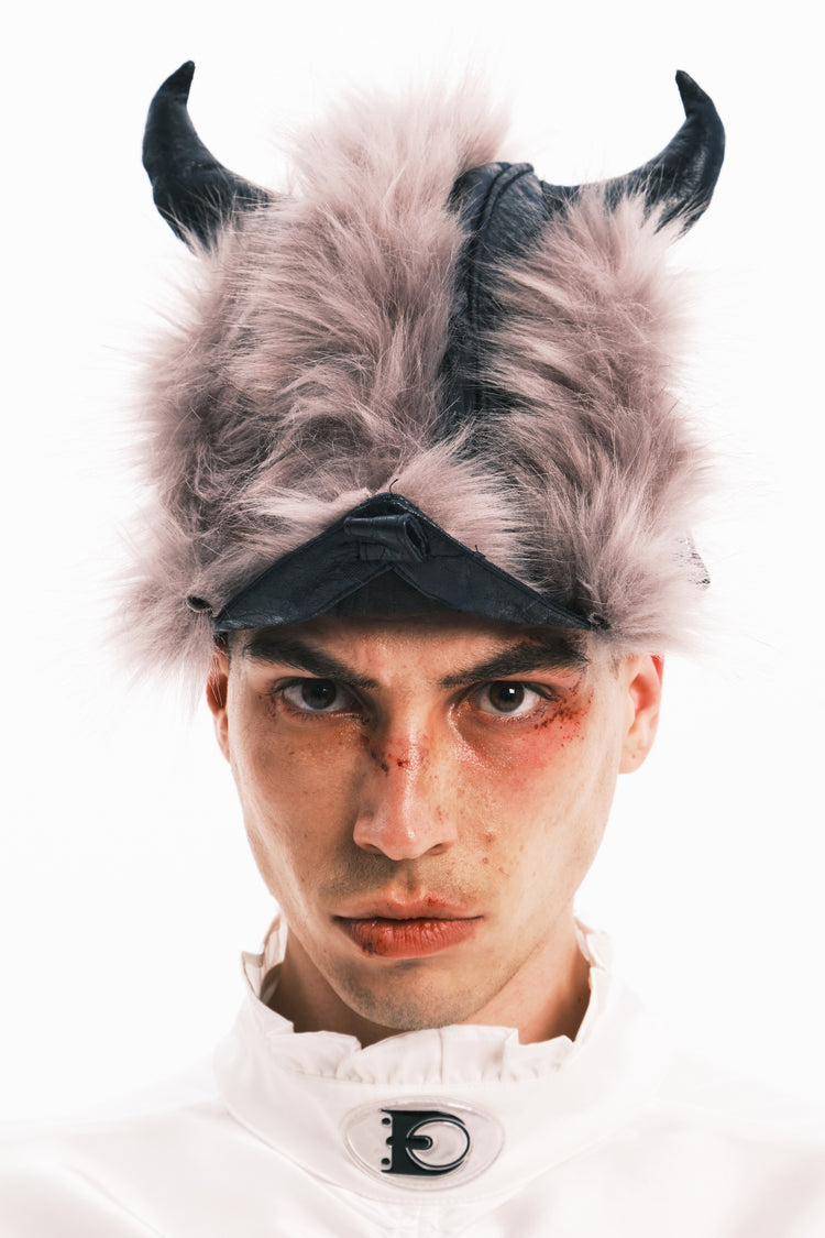 EMBRYO HORNFORM faux-fur hat & bag — rear modeled view