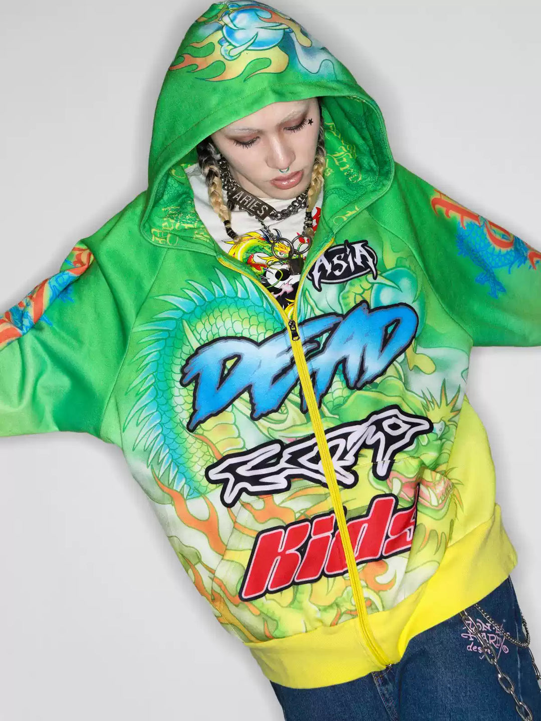 DEADENDKIDS DRAGON RIOT fleece zip hoodie — front product presentation