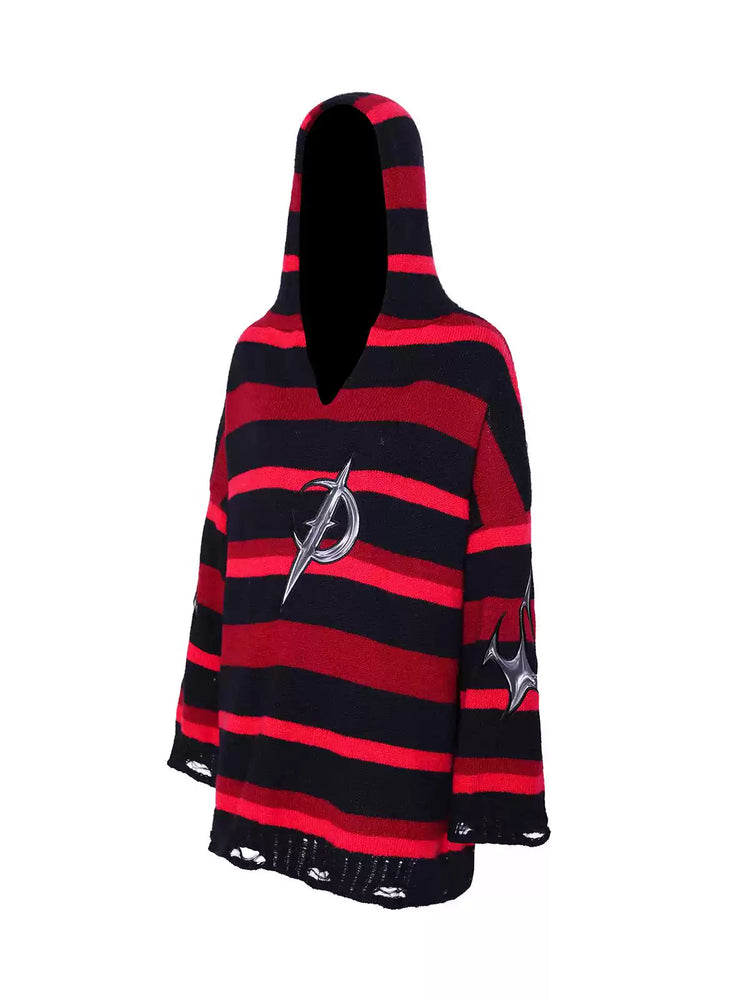 PINKSPINK ELECTRIC MOON striped hooded sweater in BLACK AND RED — garment-only front view with distressed hem and cuffs.